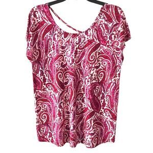 Lucky Brand Red Linen Blend Cross Back Lightweight Paisley Short Sleeve T Shirt